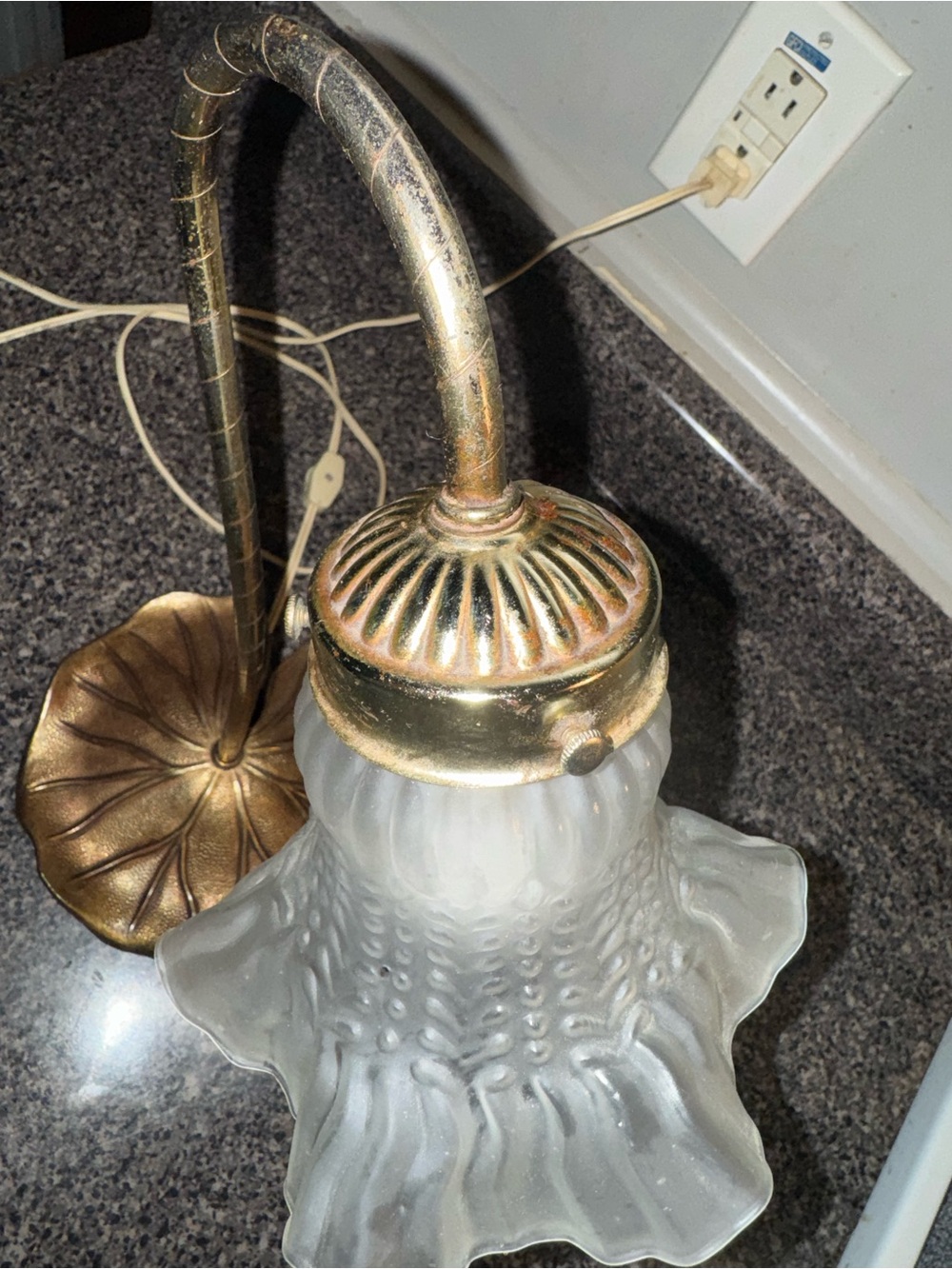 Vintage Brass Lily Pad Tulip Gooseneck Desk Lamp Frosted Clear Shade - Picture 4 of 16